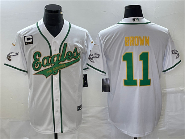 Men's Philadelphia Eagles #11 A. J. Brown White Gold With C Patch Cool Base Baseball Stitched Jersey